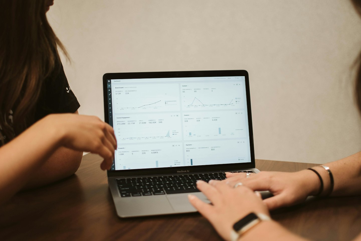 Kaksi ihmistä tekee yhteistyötä liiketoimintatietojen parissa MacBookilla.